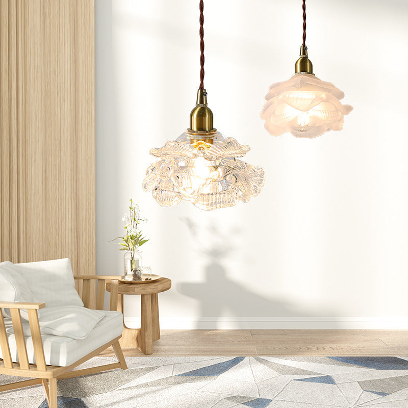 Traditional French Copper Glass Floral Rose Petal 1-Light Pendant Light For Dining Room