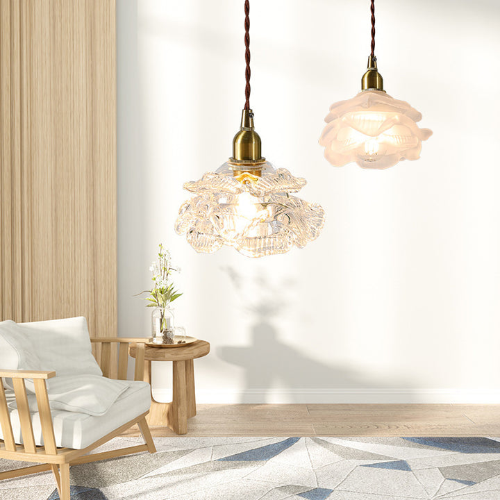 Traditional French Copper Glass Floral Rose Petal 1-Light Pendant Light For Dining Room