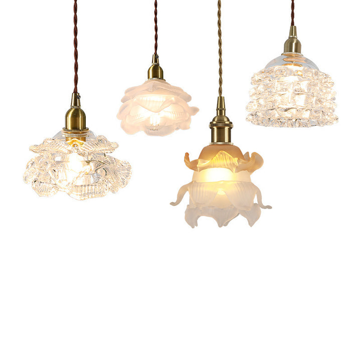 Traditional French Copper Glass Floral Rose Petal 1-Light Pendant Light For Dining Room
