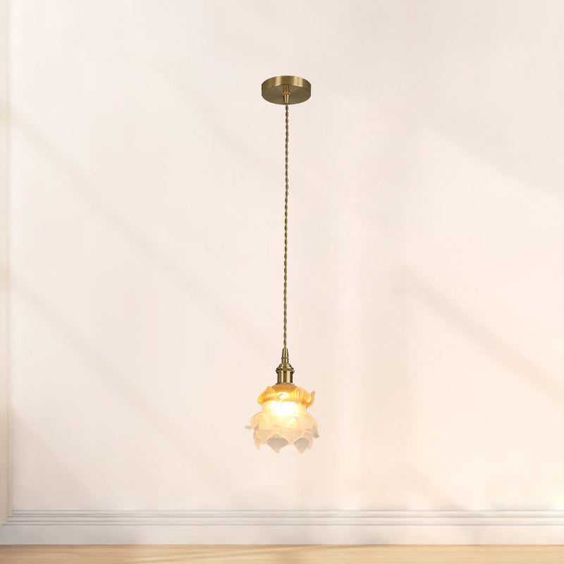 Traditional French Copper Glass Floral Rose Petal 1-Light Pendant Light For Dining Room