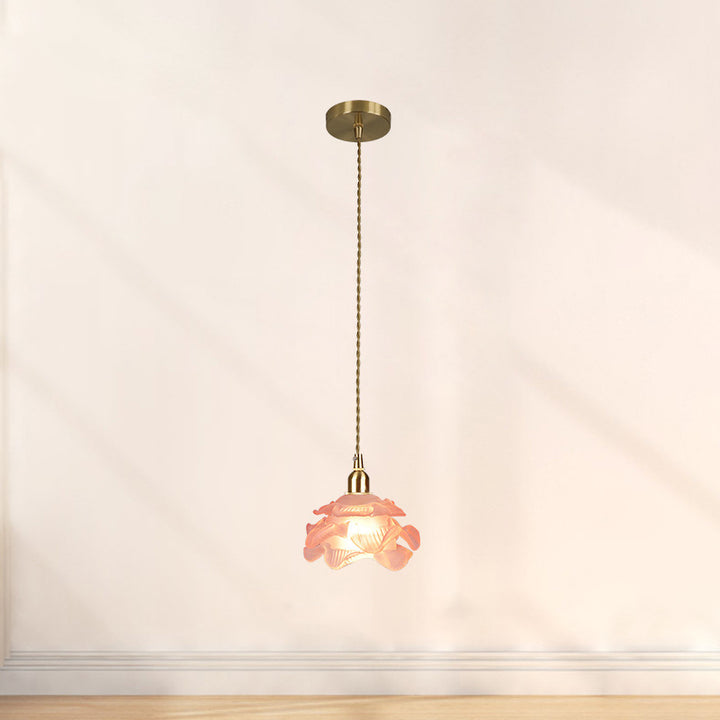 Traditional French Copper Glass Floral Rose Petal 1-Light Pendant Light For Dining Room
