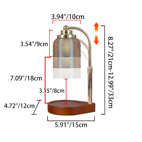 Lampe de table en cire fondue à 1 lumière avec cylindre en verre et bois de fer vintage traditionnel, levable, pour chambre à coucher 
