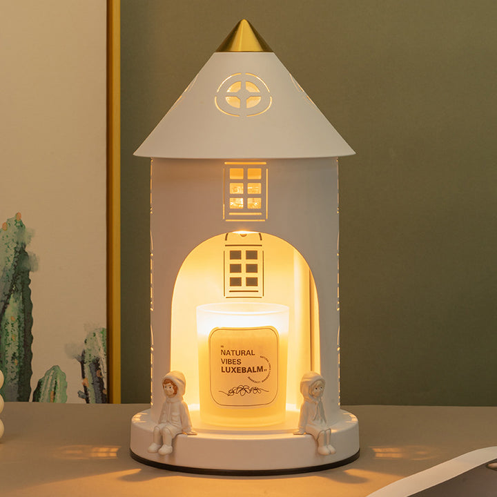 Lampe de table en cire fondue à 1 lumière avec personnage de dessin animé de château en arcs pointus en fer nordique contemporain pour chambre 