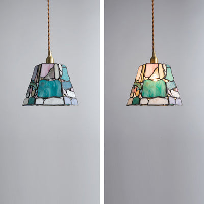 Lumière suspendue 1-lumière en verre de cuivre Tiffany traditionnel faite à la main cylindre conique pierre irrégulière pour chevet 