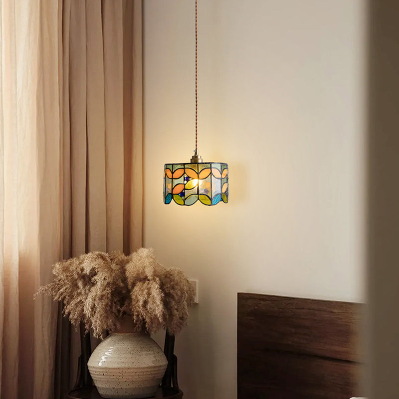 Lumière suspendue 1-lumière en verre de cuivre Tiffany traditionnel faite à la main cylindre conique pierre irrégulière pour chevet 