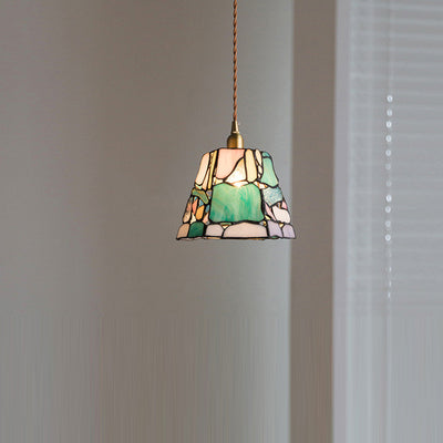 Lumière suspendue 1-lumière en verre de cuivre Tiffany traditionnel faite à la main cylindre conique pierre irrégulière pour chevet 