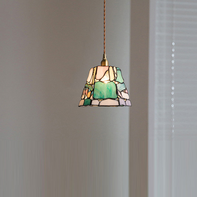 Lumière suspendue 1-lumière en verre de cuivre Tiffany traditionnel faite à la main cylindre conique pierre irrégulière pour chevet 