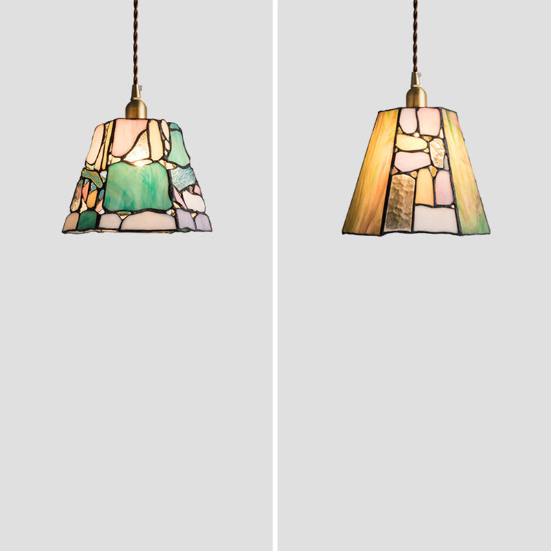Lumière suspendue 1-lumière en verre de cuivre Tiffany traditionnel faite à la main cylindre conique pierre irrégulière pour chevet 