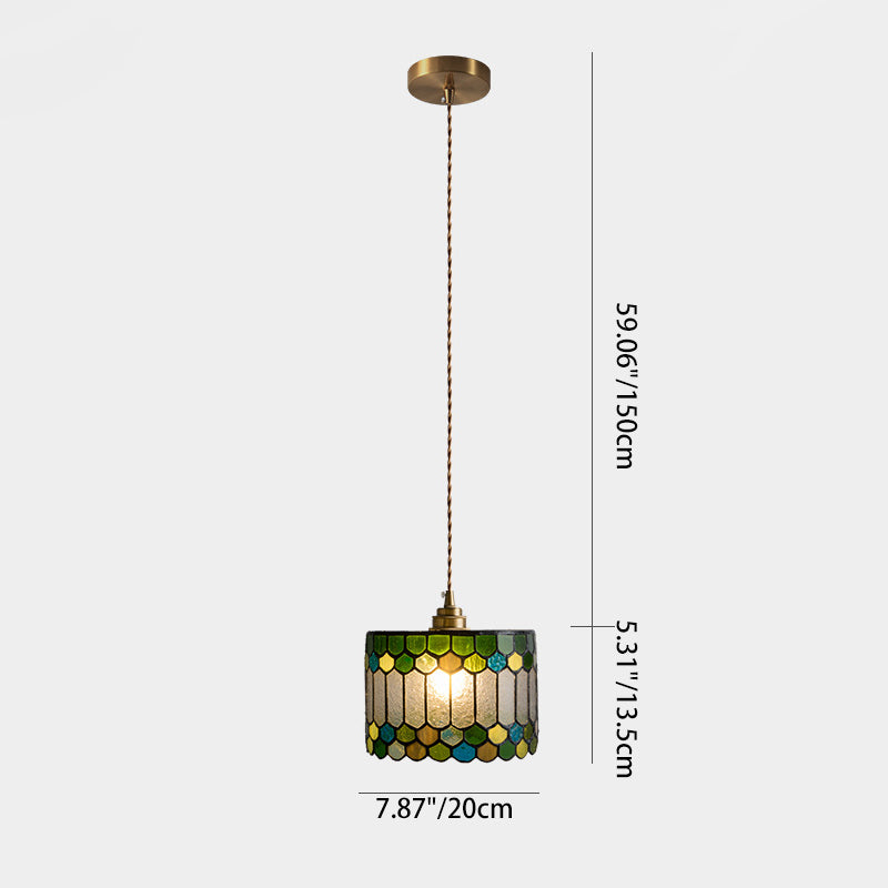 Suspension à 1 lumière avec abat-jour conique en verre cuivre traditionnel Tiffany pour salle à manger 
