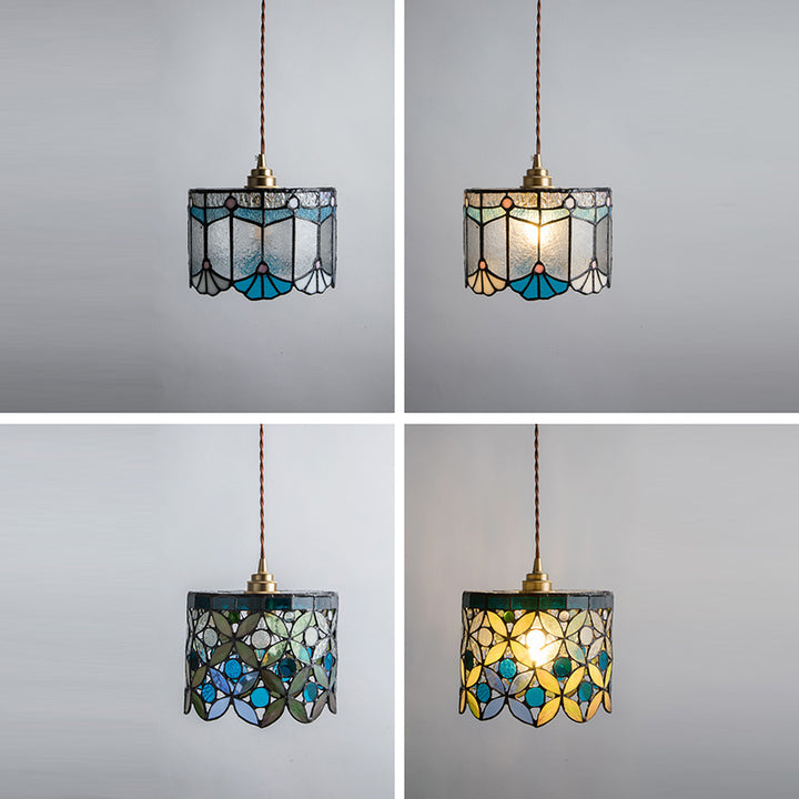 Suspension à 1 lumière avec abat-jour conique en verre cuivre traditionnel Tiffany pour salle à manger 