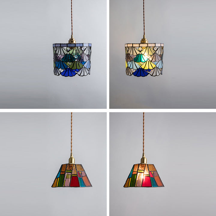 Suspension à 1 lumière avec abat-jour conique en verre cuivre traditionnel Tiffany pour salle à manger 