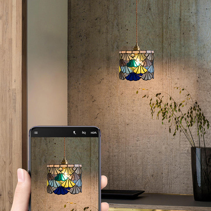 Suspension à 1 lumière avec abat-jour conique en verre cuivre traditionnel Tiffany pour salle à manger 