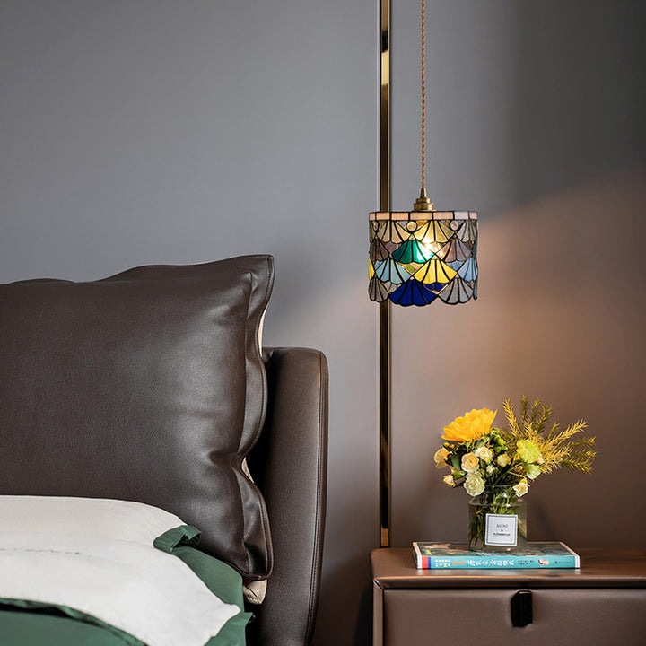 Suspension à 1 lumière avec abat-jour conique en verre cuivre traditionnel Tiffany pour salle à manger 