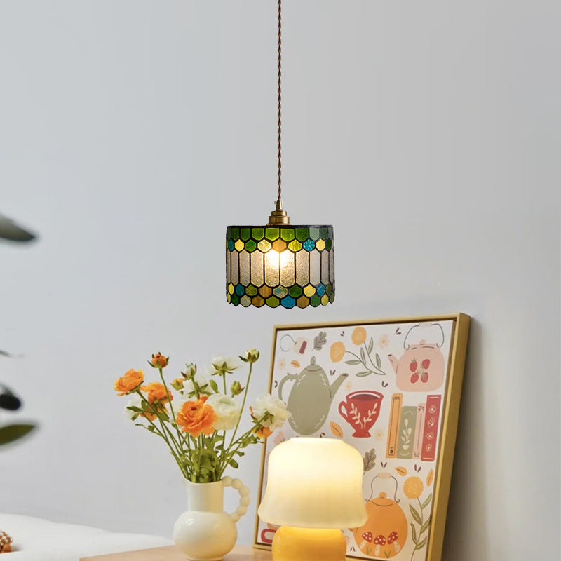 Suspension à 1 lumière avec abat-jour conique en verre cuivre traditionnel Tiffany pour salle à manger 