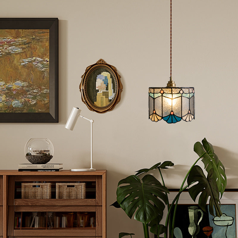 Suspension à 1 lumière avec abat-jour conique en verre cuivre traditionnel Tiffany pour salle à manger 