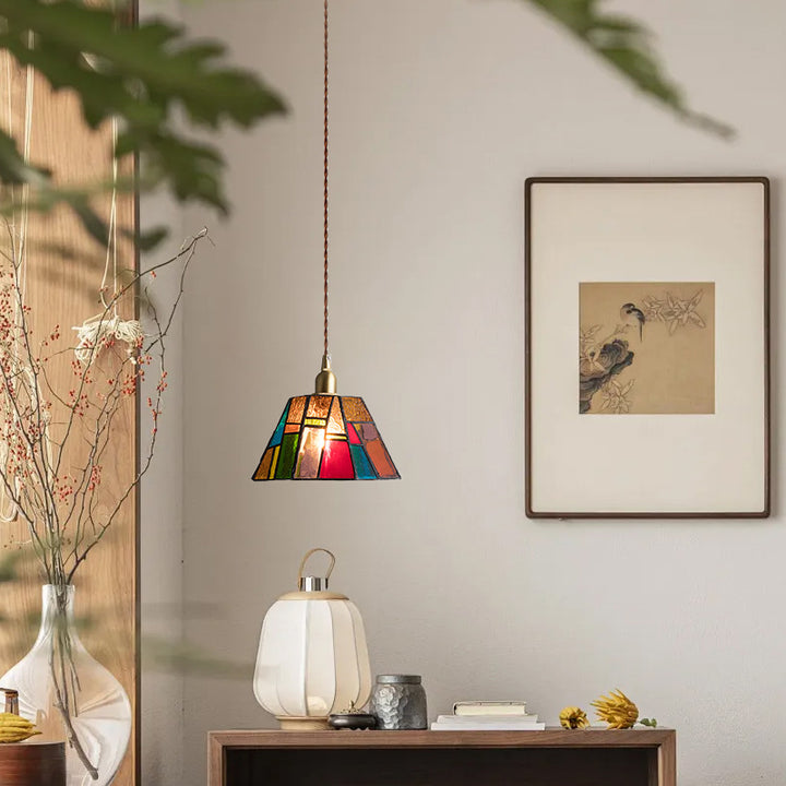Suspension à 1 lumière avec abat-jour conique en verre cuivre traditionnel Tiffany pour salle à manger 