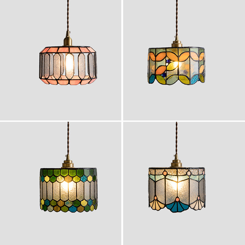 Suspension à 1 lumière avec abat-jour conique en verre cuivre traditionnel Tiffany pour salle à manger 