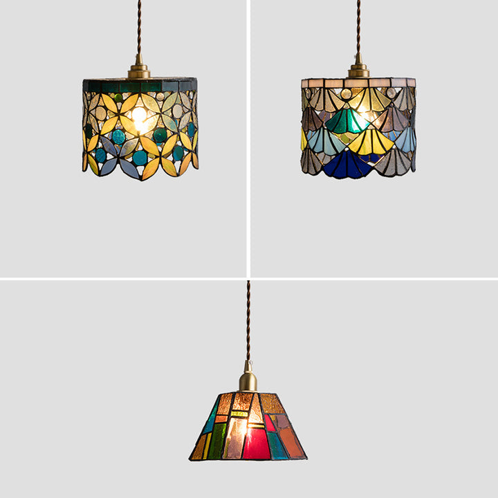 Suspension à 1 lumière avec abat-jour conique en verre cuivre traditionnel Tiffany pour salle à manger 
