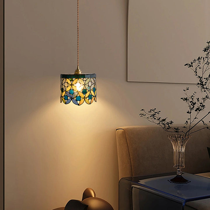 Suspension à 1 lumière avec abat-jour conique en verre cuivre traditionnel Tiffany pour salle à manger 