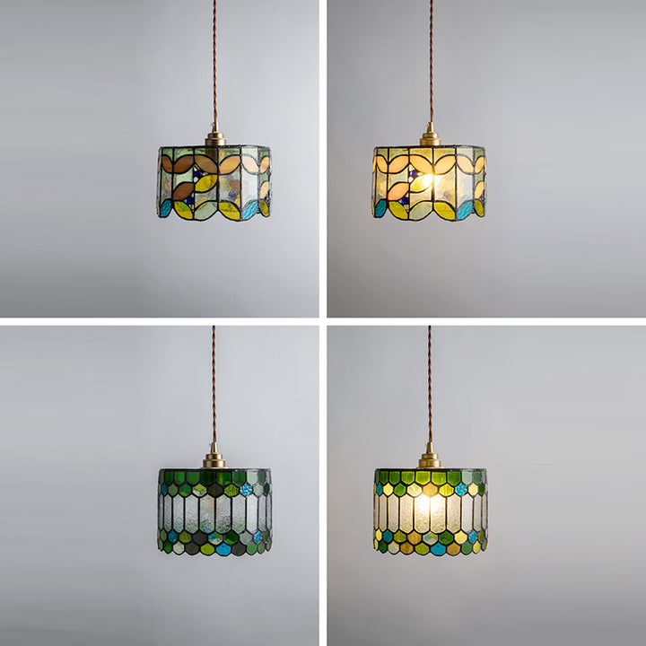 Suspension à 1 lumière avec abat-jour conique en verre cuivre traditionnel Tiffany pour salle à manger 