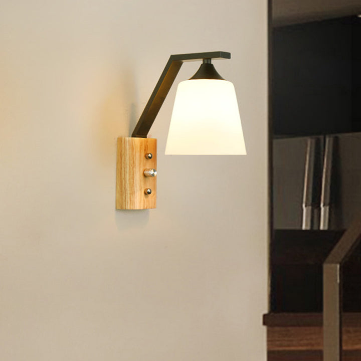 Contemporary Nordic Wood Iron Glass Bell 1-Light Wall Sconce Lamp For Hallway