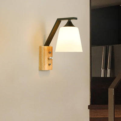 Contemporary Nordic Wood Iron Glass Bell 1-Light Wall Sconce Lamp For Hallway
