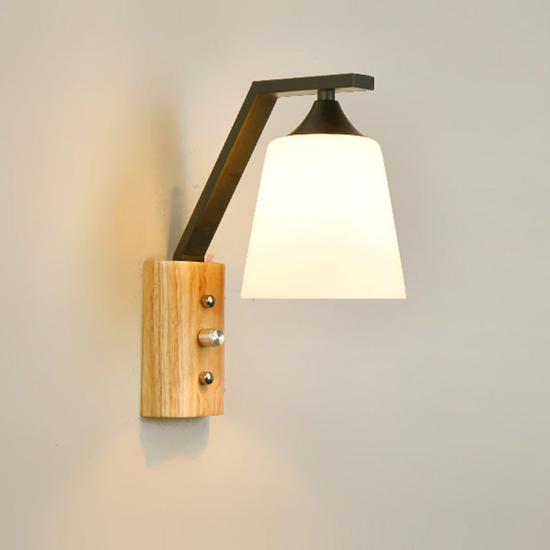 Contemporary Nordic Wood Iron Glass Bell 1-Light Wall Sconce Lamp For Hallway