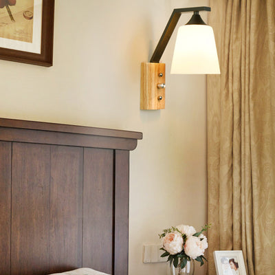 Contemporary Nordic Wood Iron Glass Bell 1-Light Wall Sconce Lamp For Hallway