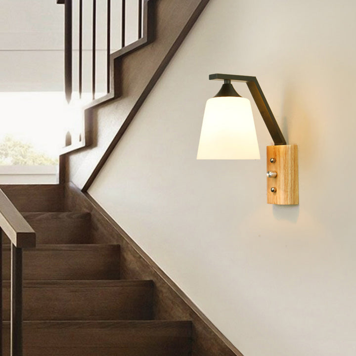 Contemporary Nordic Wood Iron Glass Bell 1-Light Wall Sconce Lamp For Hallway