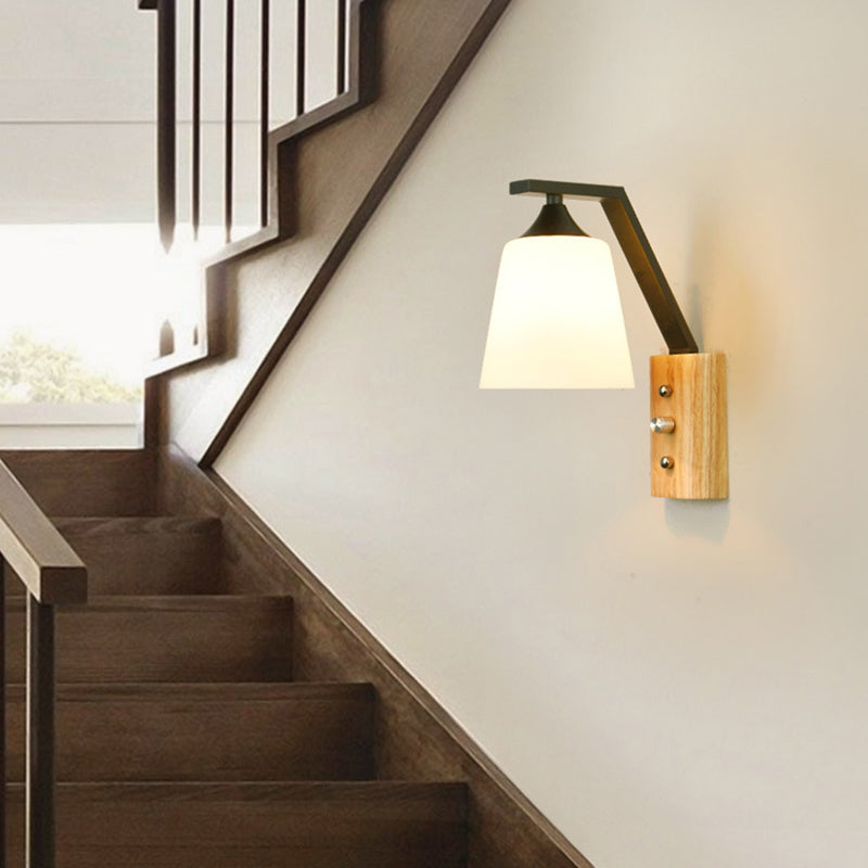 Contemporary Nordic Wood Iron Glass Bell 1-Light Wall Sconce Lamp For Hallway