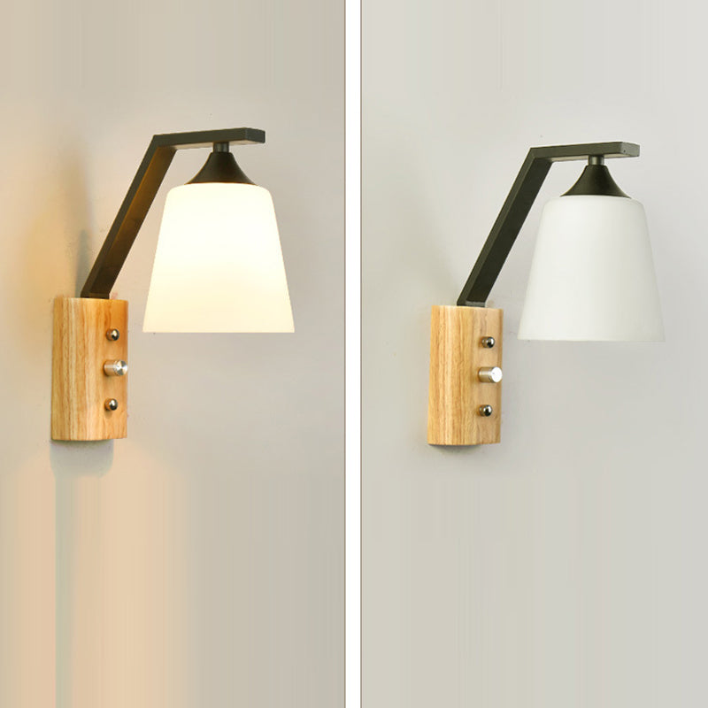 Contemporary Nordic Wood Iron Glass Bell 1-Light Wall Sconce Lamp For Hallway