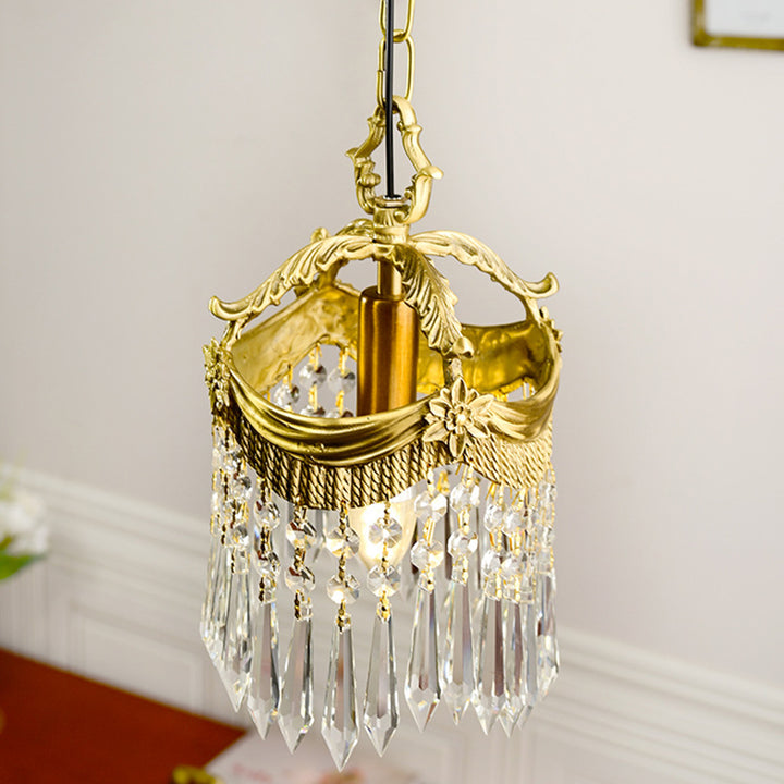 Traditional French Copper Crystal Crown Beads 1-Light Pendant Light For Bedroom