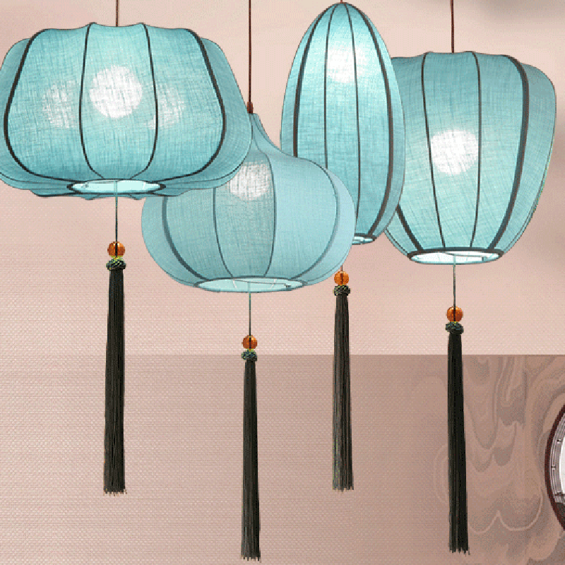 Traditionelle chinesische Laterne aus Eisenstoff in elliptischer Zylinderform mit Quasten, 1/3 Licht Kronleuchter für das Esszimmer 