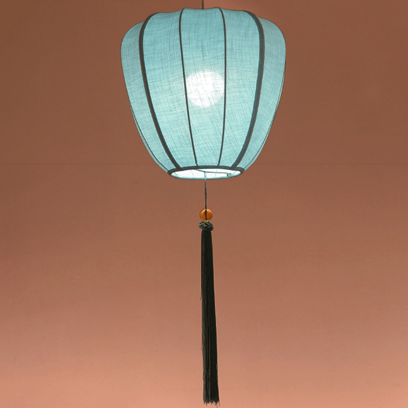 Traditionelle chinesische Laterne aus Eisenstoff in elliptischer Zylinderform mit Quasten, 1/3 Licht Kronleuchter für das Esszimmer 