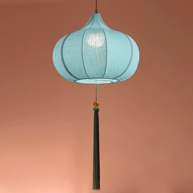 Traditionelle chinesische Laterne aus Eisenstoff in elliptischer Zylinderform mit Quasten, 1/3 Licht Kronleuchter für das Esszimmer 