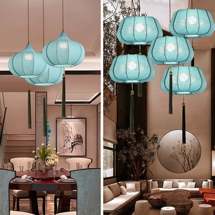 Traditionelle chinesische Laterne aus Eisenstoff in elliptischer Zylinderform mit Quasten, 1/3 Licht Kronleuchter für das Esszimmer 