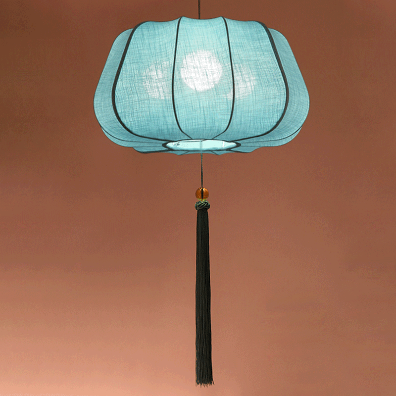 Traditionelle chinesische Laterne aus Eisenstoff in elliptischer Zylinderform mit Quasten, 1/3 Licht Kronleuchter für das Esszimmer 