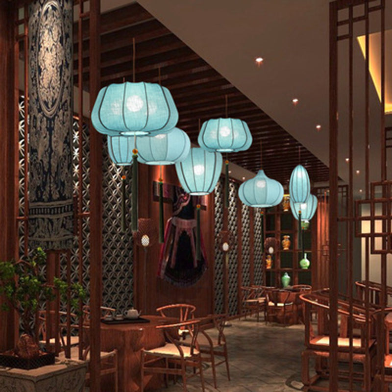Traditionelle chinesische Laterne aus Eisenstoff in elliptischer Zylinderform mit Quasten, 1/3 Licht Kronleuchter für das Esszimmer 