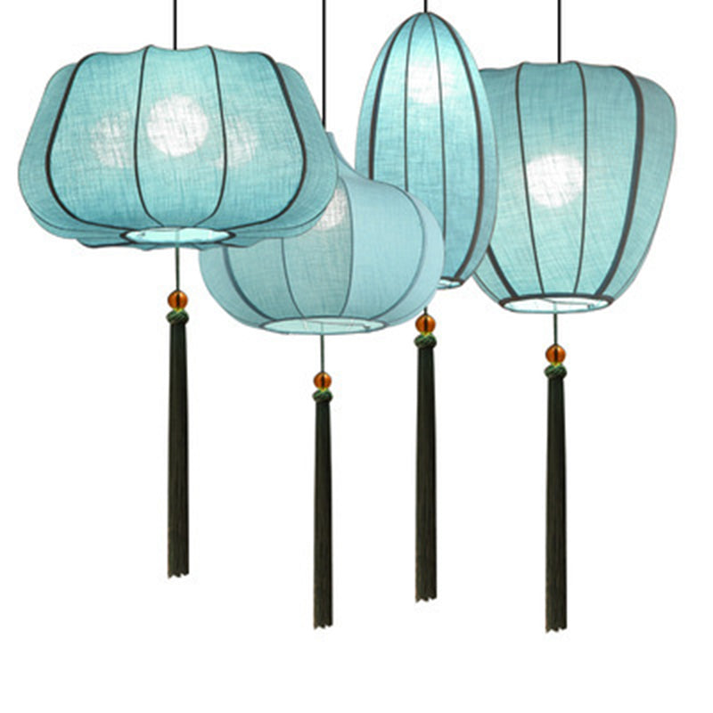 Traditionelle chinesische Laterne aus Eisenstoff in elliptischer Zylinderform mit Quasten, 1/3 Licht Kronleuchter für das Esszimmer 
