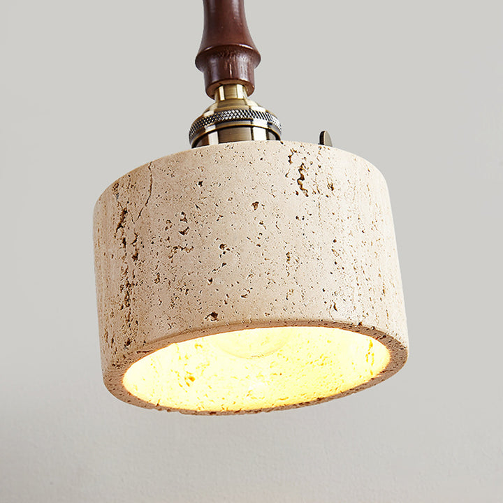 Traditional Japanese Travertine Oak Wood Copper Aluminum Cylinder Liftable 1-Light Pendant Light For Bedside