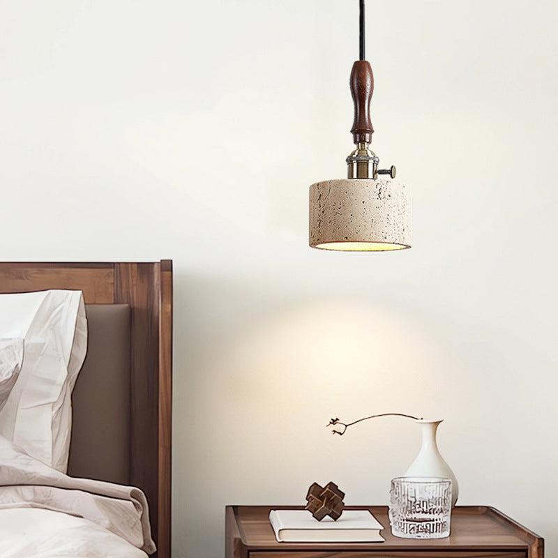 Traditional Japanese Travertine Oak Wood Copper Aluminum Cylinder Liftable 1-Light Pendant Light For Bedside