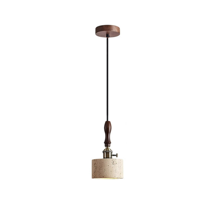 Traditional Japanese Travertine Oak Wood Copper Aluminum Cylinder Liftable 1-Light Pendant Light For Bedside