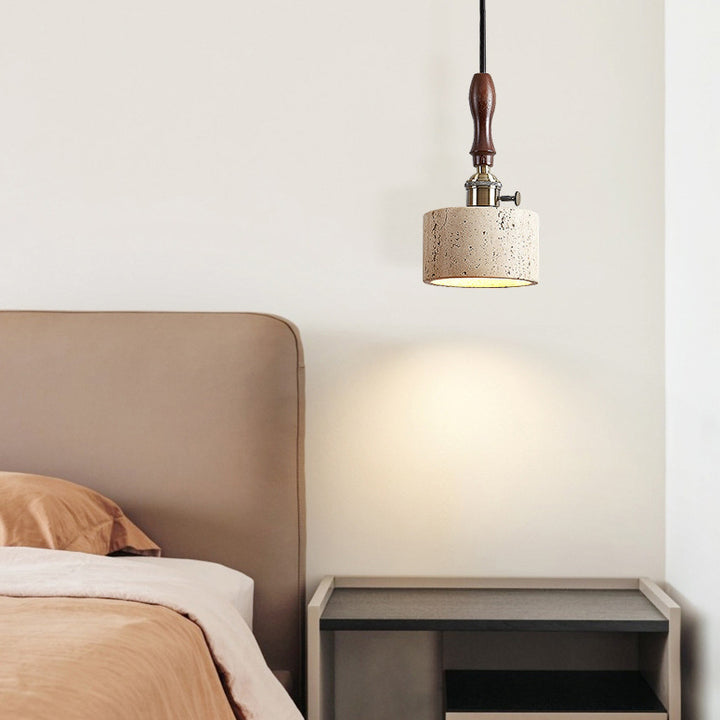 Traditional Japanese Travertine Oak Wood Copper Aluminum Cylinder Liftable 1-Light Pendant Light For Bedside