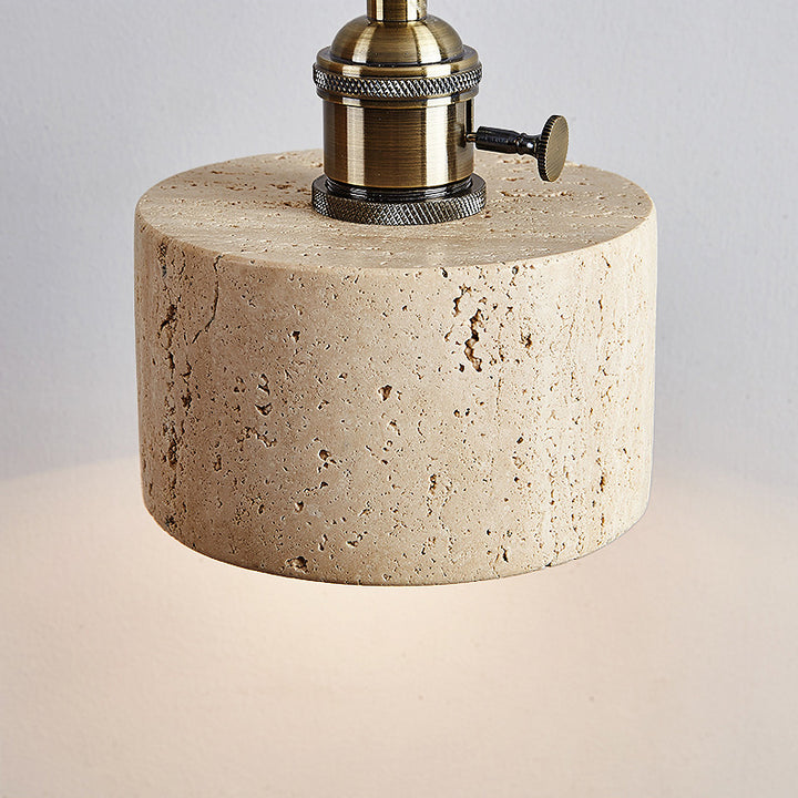 Traditional Japanese Travertine Oak Wood Copper Aluminum Cylinder Liftable 1-Light Pendant Light For Bedside