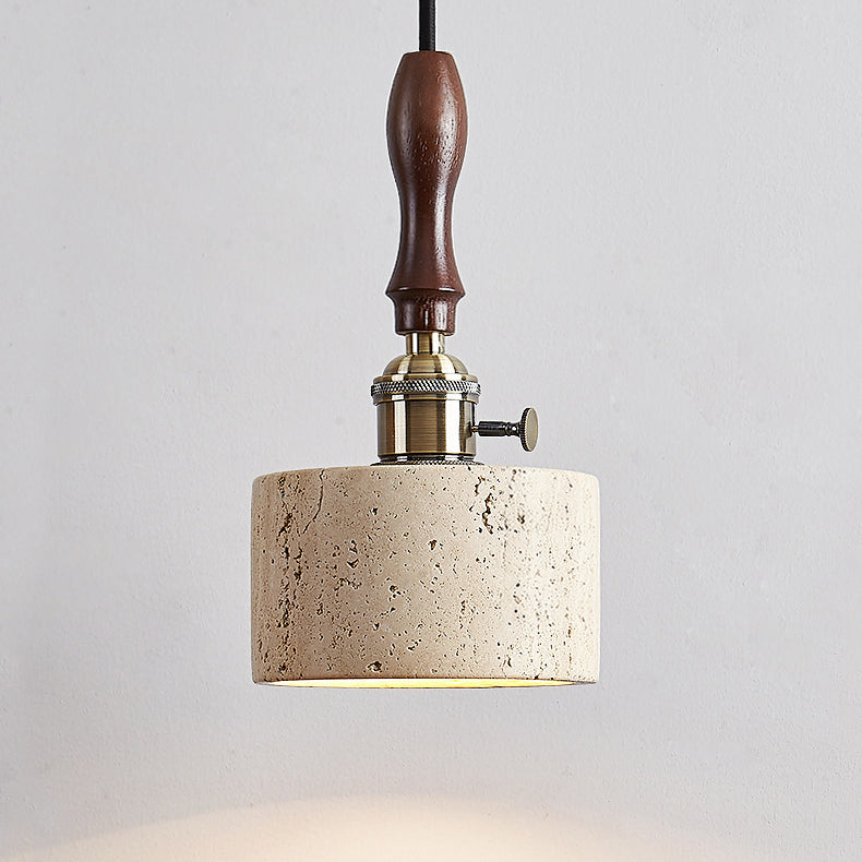 Traditional Japanese Travertine Oak Wood Copper Aluminum Cylinder Liftable 1-Light Pendant Light For Bedside