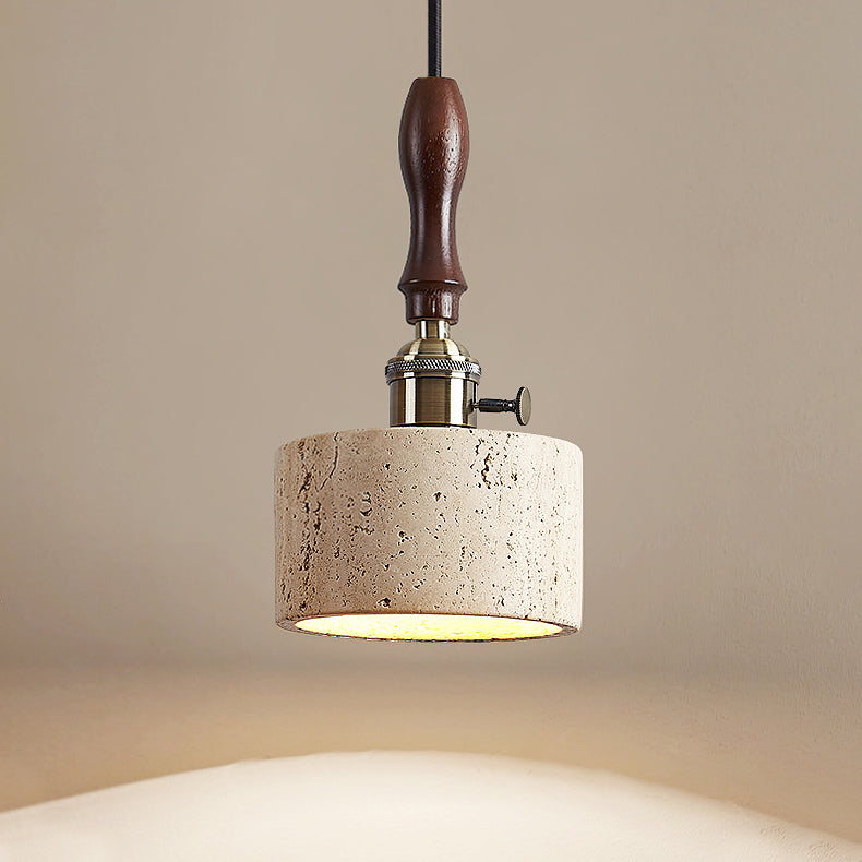 Traditional Japanese Travertine Oak Wood Copper Aluminum Cylinder Liftable 1-Light Pendant Light For Bedside