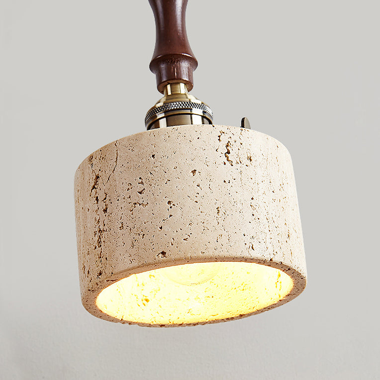 Traditional Japanese Travertine Oak Wood Copper Aluminum Cylinder Liftable 1-Light Pendant Light For Bedside