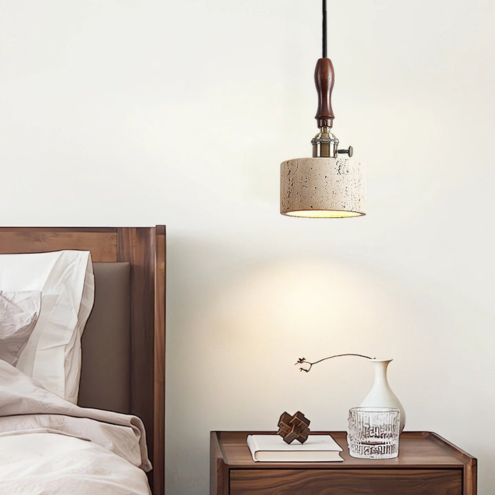 Traditional Japanese Travertine Oak Wood Copper Aluminum Cylinder Liftable 1-Light Pendant Light For Bedside
