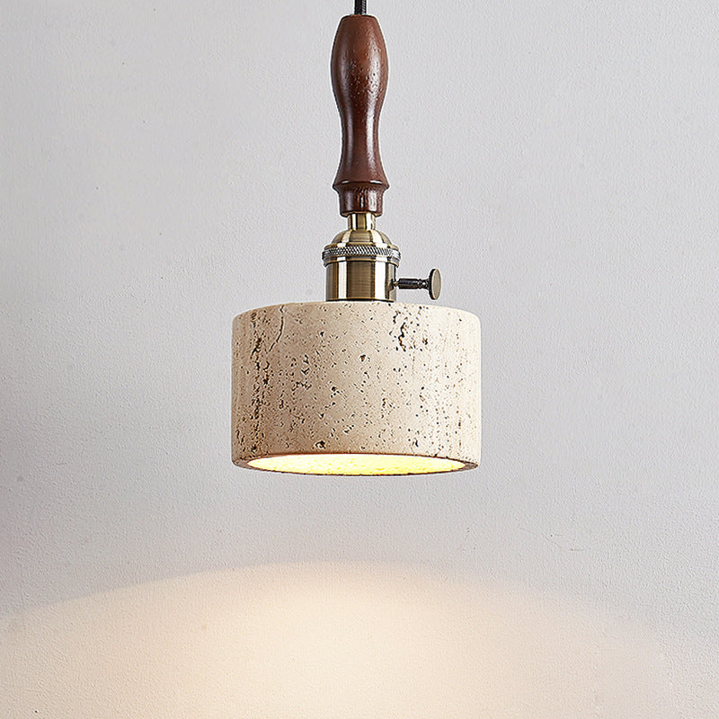Traditional Japanese Travertine Oak Wood Copper Aluminum Cylinder Liftable 1-Light Pendant Light For Bedside