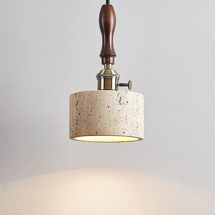 Traditional Japanese Travertine Oak Wood Copper Aluminum Cylinder Liftable 1-Light Pendant Light For Bedside